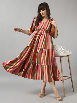 Krunal Raiyani Women Fit and Flare Multicolor Midi/Calf Length Dress