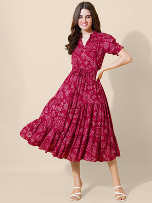 Krunal Raiyani Women Fit and Flare Pink Midi/Calf Length Dress