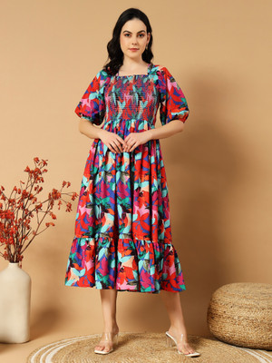 Krunal Raiyani Women Fit and Flare Multicolor Midi/Calf Length Dress