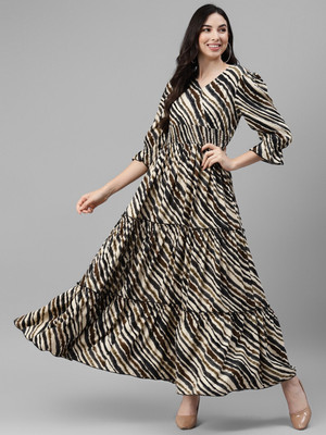 Jash Creation Women Fit and Flare Beige Maxi/Full Length Dress