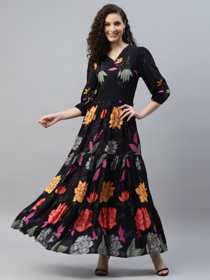Raiyani Enterprise Women Fit and Flare Black Maxi/Full Length Dress