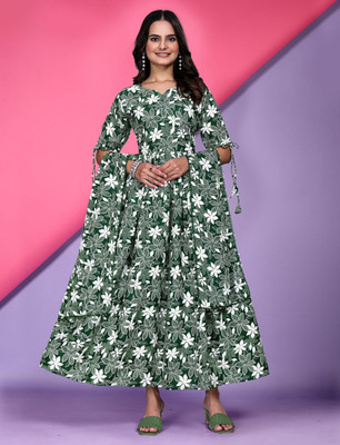 Shree Khodal Enterprise Anarkali Gown(Green, White)