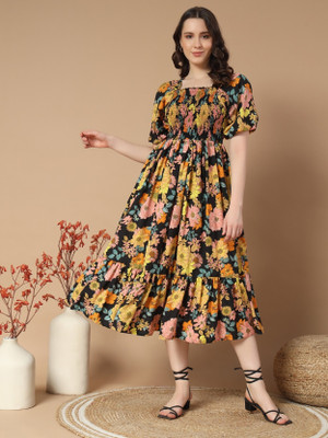 Raiyani Enterprise Women Fit and Flare Yellow Midi/Calf Length Dress