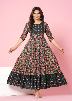 Kirnya Women Floral Print, Printed Anarkali Kurta(Green)