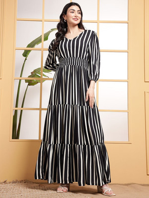 Krunal Raiyani Women Fit and Flare White, Black Maxi/Full Length Dress