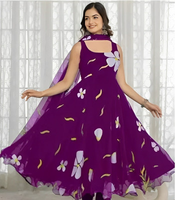 MBI CREATION Anarkali Gown(Purple)