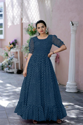 D'CART Flared/A-line Gown(Blue, White)