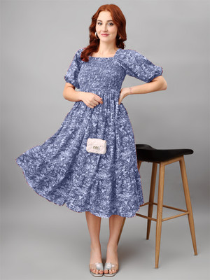 Jash Creation Women Fit and Flare Blue Midi/Calf Length Dress