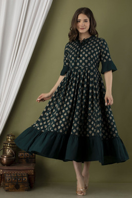 KALAXI Anarkali Gown(Dark Green, Gold)