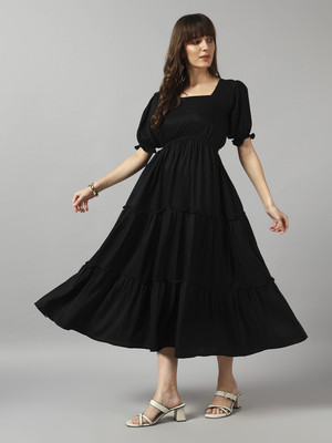 Krunal Raiyani Women Fit and Flare Black Midi/Calf Length Dress