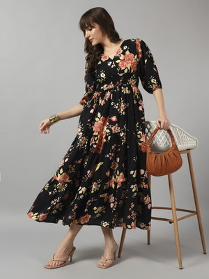 Krunal Raiyani Women Fit and Flare Multicolor Maxi/Full Length Dress