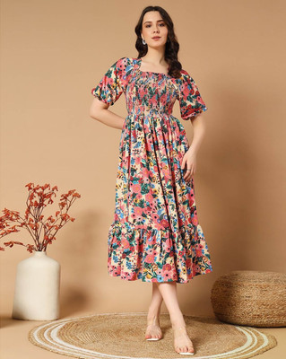 Jash Creation Women Fit and Flare Multicolor Midi/Calf Length Dress