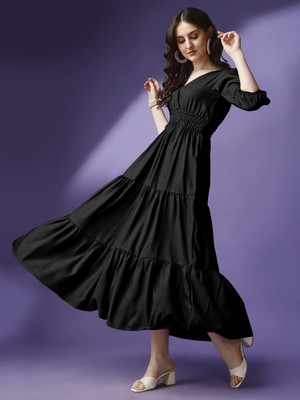 Krunal Raiyani Women Fit and Flare Black Maxi/Full Length Dress