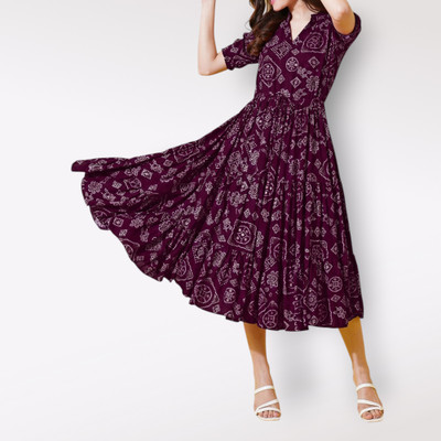 Krunal Raiyani Women Fit and Flare Purple Midi/Calf Length Dress