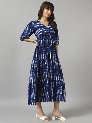 Femvy Women Printed Ethnic Dress Kurta(Blue)