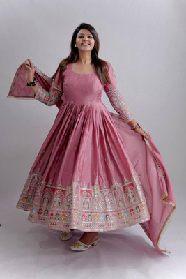 otfit feb private limited Anarkali Gown(Pink)