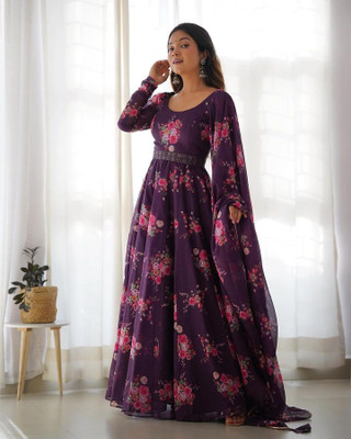 GK Textiles Flared/A-line Gown(Purple)