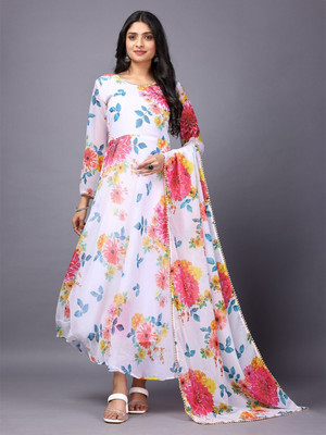 Jash Creation Women Fit and Flare White Maxi/Full Length Dress