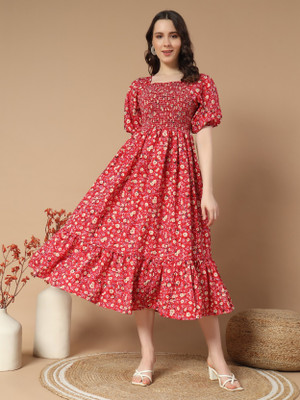 Jash Creation Women Fit and Flare Red Midi/Calf Length Dress