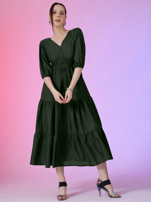 Jash Creation Women Fit and Flare Green Maxi/Full Length Dress