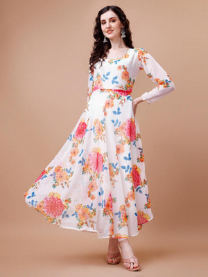 Jash Creation Women Fit and Flare White Maxi/Full Length Dress