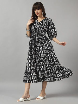 Jash Creation Women Fit and Flare Black Midi/Calf Length Dress