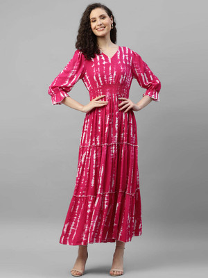 Krunal Raiyani Women Fit and Flare Pink Maxi/Full Length Dress