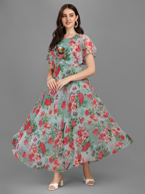 HK SHOPEE Women Fit and Flare Green Maxi/Full Length Dress