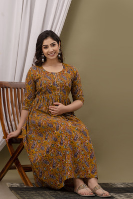 COTTON MULMUL STORE Women Fit and Flare Brown Midi/Calf Length Dress
