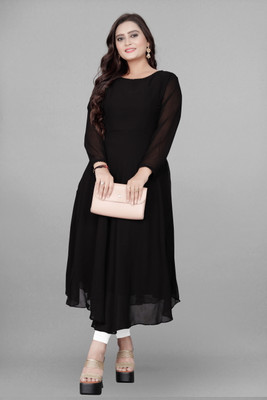 AaravEthnic Women Solid A-line Kurta(Black)