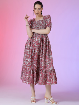 Jash Creation Women Fit and Flare Pink Midi/Calf Length Dress