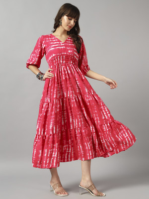 Krunal Raiyani Women Fit and Flare Pink Maxi/Full Length Dress