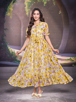 MADHAV WEAVES Flared/A-line Gown(Yellow)