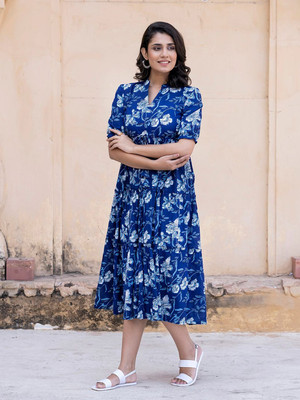 Raiyani Enterprise Women Fit and Flare Blue Ankle Length Dress