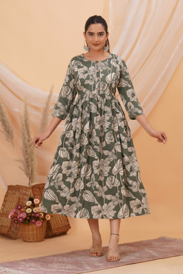 HARIOMCOLLECTIO Women Floral Print Gown Kurta(Dark Green, Beige)