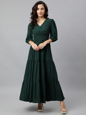 Jash Creation Women Maxi Dark Green Full Length Dress