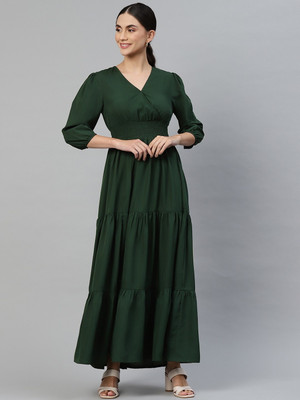 Jash Creation Women Fit and Flare Green Maxi/Full Length Dress