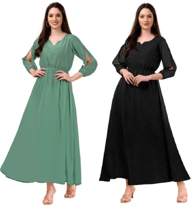 SUMERTEX Anarkali Gown(Green, Black)