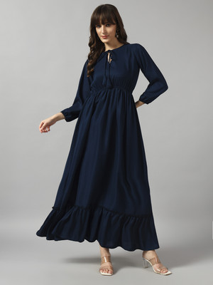 Krunal Raiyani Women Fit and Flare Blue Maxi/Full Length Dress