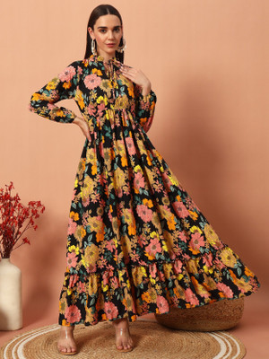 Jash Creation Women Fit and Flare Yellow Maxi/Full Length Dress