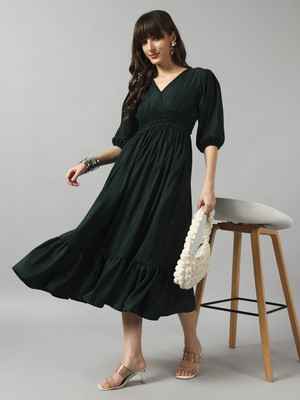 Raiyani Enterprise Women Fit and Flare Green Midi/Calf Length Dress