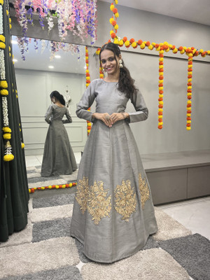 Shree Creation Silk Blend Embroidered Gown/Anarkali Kurta & Bottom Material