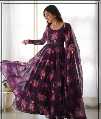 EDGETOUCH Anarkali Gown(Purple, White)