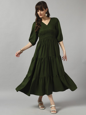 Jash Creation Women Fit and Flare Light Green Maxi/Full Length Dress