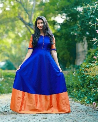 Kwina Enterprise Anarkali Gown(Blue, Orange)