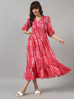 Krunal Raiyani Women Fit and Flare Pink Midi/Calf Length Dress