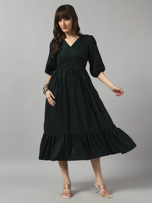 Jash Creation Women Fit and Flare Green Midi/Calf Length Dress