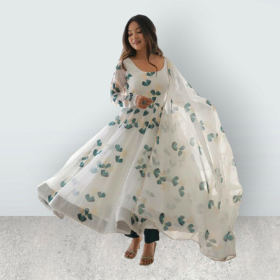 KLAWIA Women Self Design Gown Kurta(White)