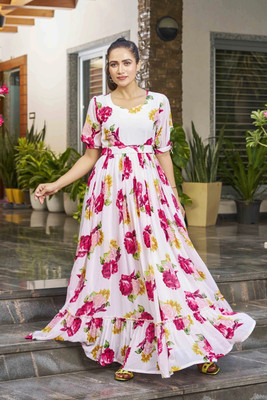 Odd by chansi Trendz Flared/A-line Gown(White, Pink)