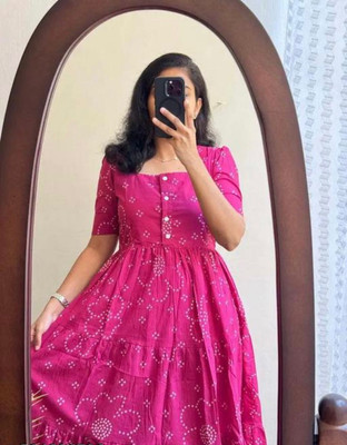 Bella Creation Women Fit and Flare Pink, White Midi/Calf Length Dress